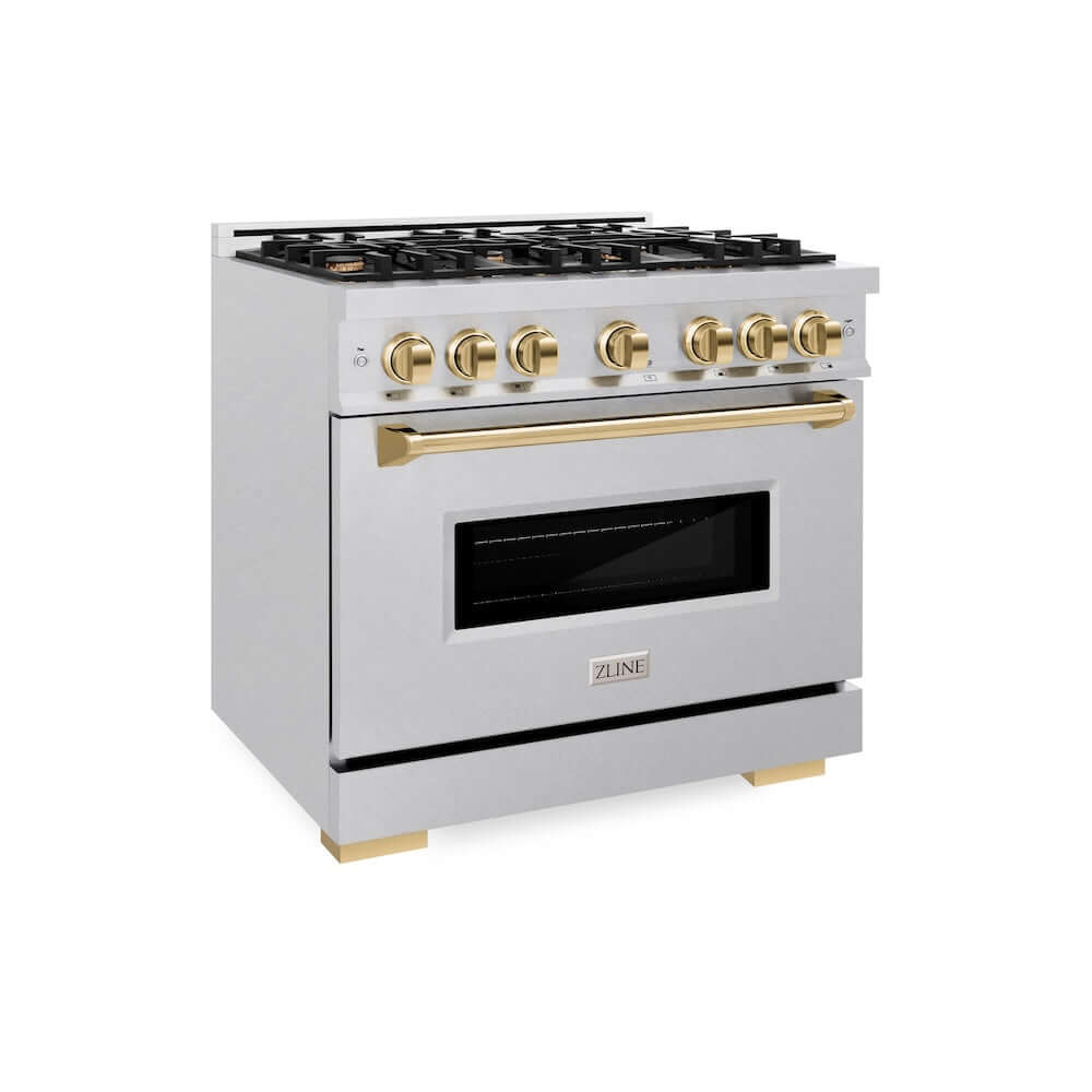 ZLINE 36" Dual Fuel Range, Gas Cooktop, Electric Convection Oven DuraSnow® Stainless Steel, Gold CDRSZ-36-G