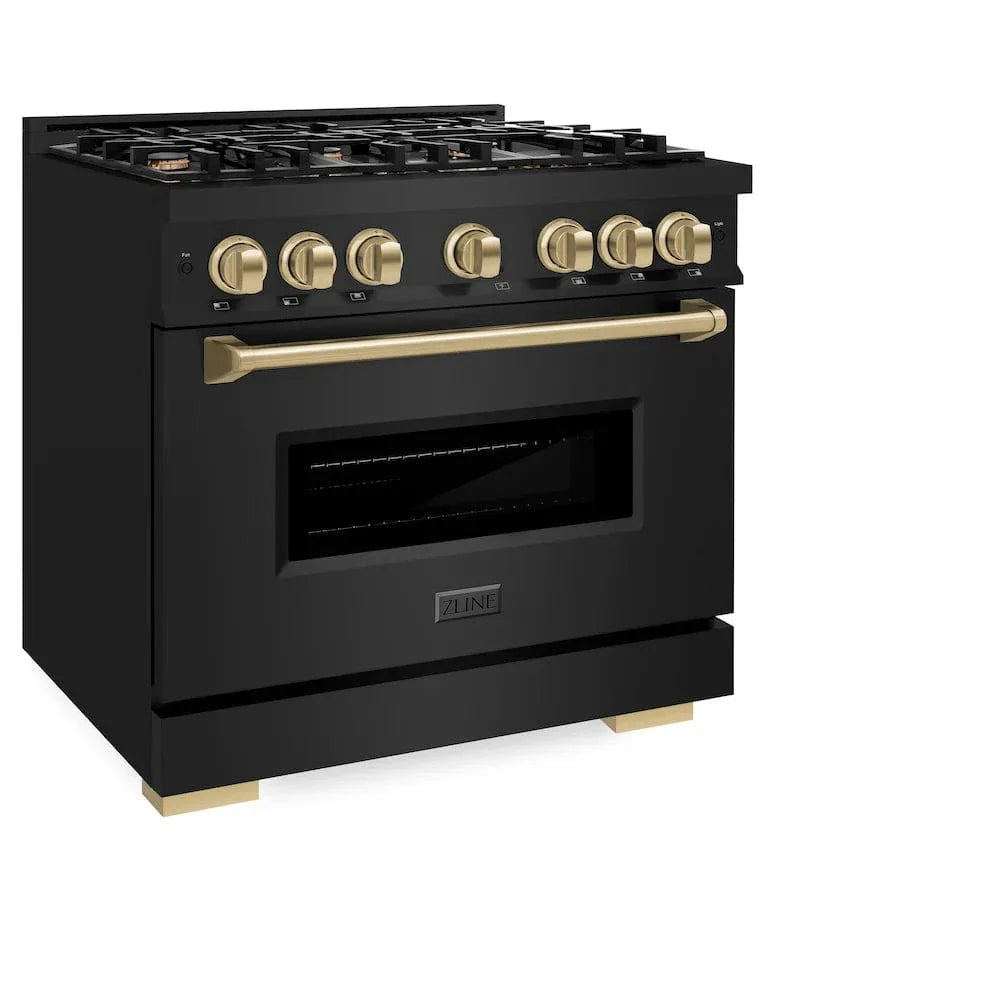 ZLINE 36" Dual Fuel Range, Gas Cooktop, Electric Convection Oven Black Stainless Steel, Champagne Bronze CDRBZ-36-CB