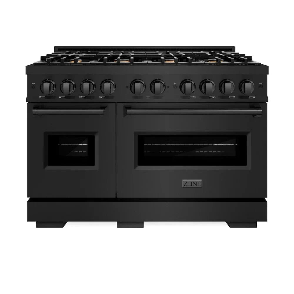 ZLINE 48" Dual Fuel Range, Gas Cooktop, Electric Convection Oven Black Stainless Steel Brass Burners, CDRB-BR-48
