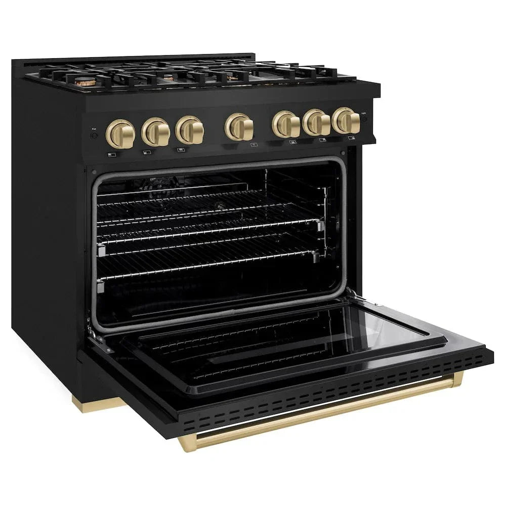 ZLINE 36" Dual Fuel Range, Gas Cooktop, Electric Convection Oven Black Stainless Steel, Champagne Bronze CDRBZ-36-CB