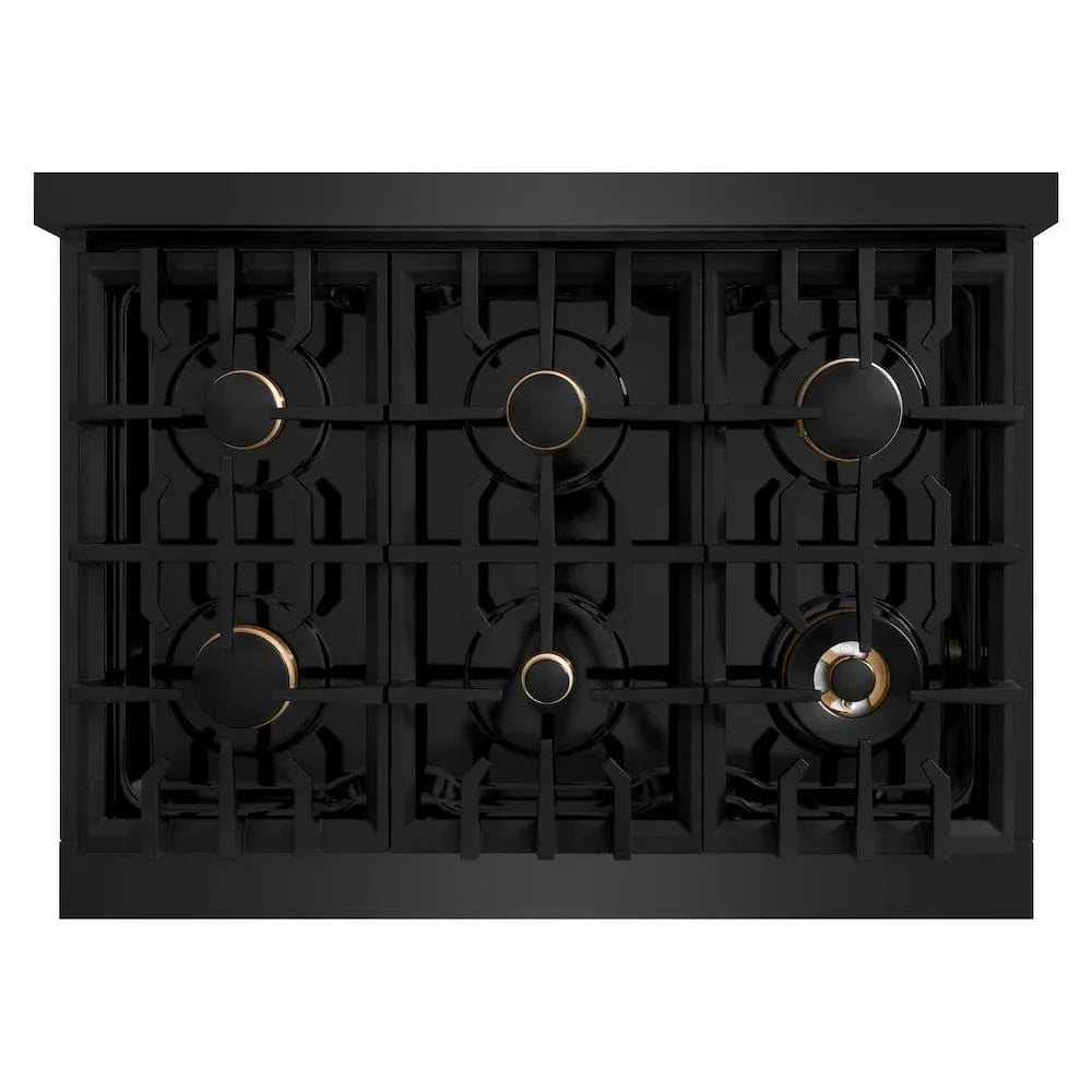 ZLINE 36" Dual Fuel Range, Gas Cooktop, Electric Convection Oven Black Stainless Steel, Gold CDRBZ-36-G