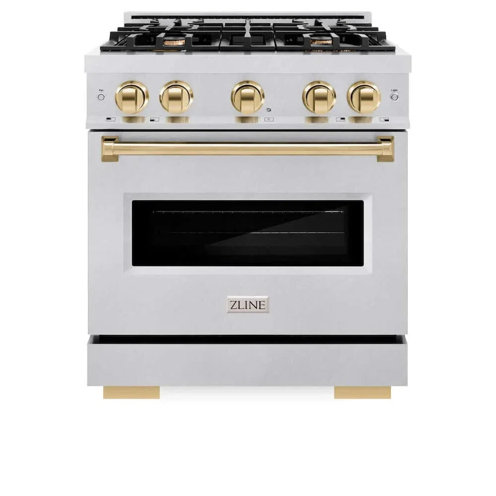 ZLINE 30" Dual Fuel Range, Gas Cooktop, Electric Convection Oven DuraSnow® Stainless Steel, Gold CDRSZ-30-G