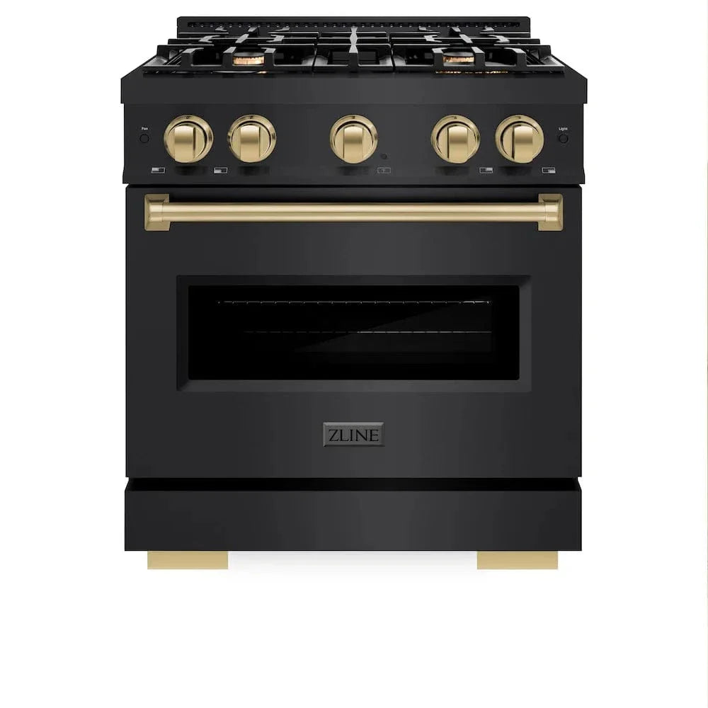 ZLINE 30" Dual Fuel Range, Gas Cooktop, Electric Convection Oven Black Stainless Steel, Champagne Bronze CDRBZ-30-CB