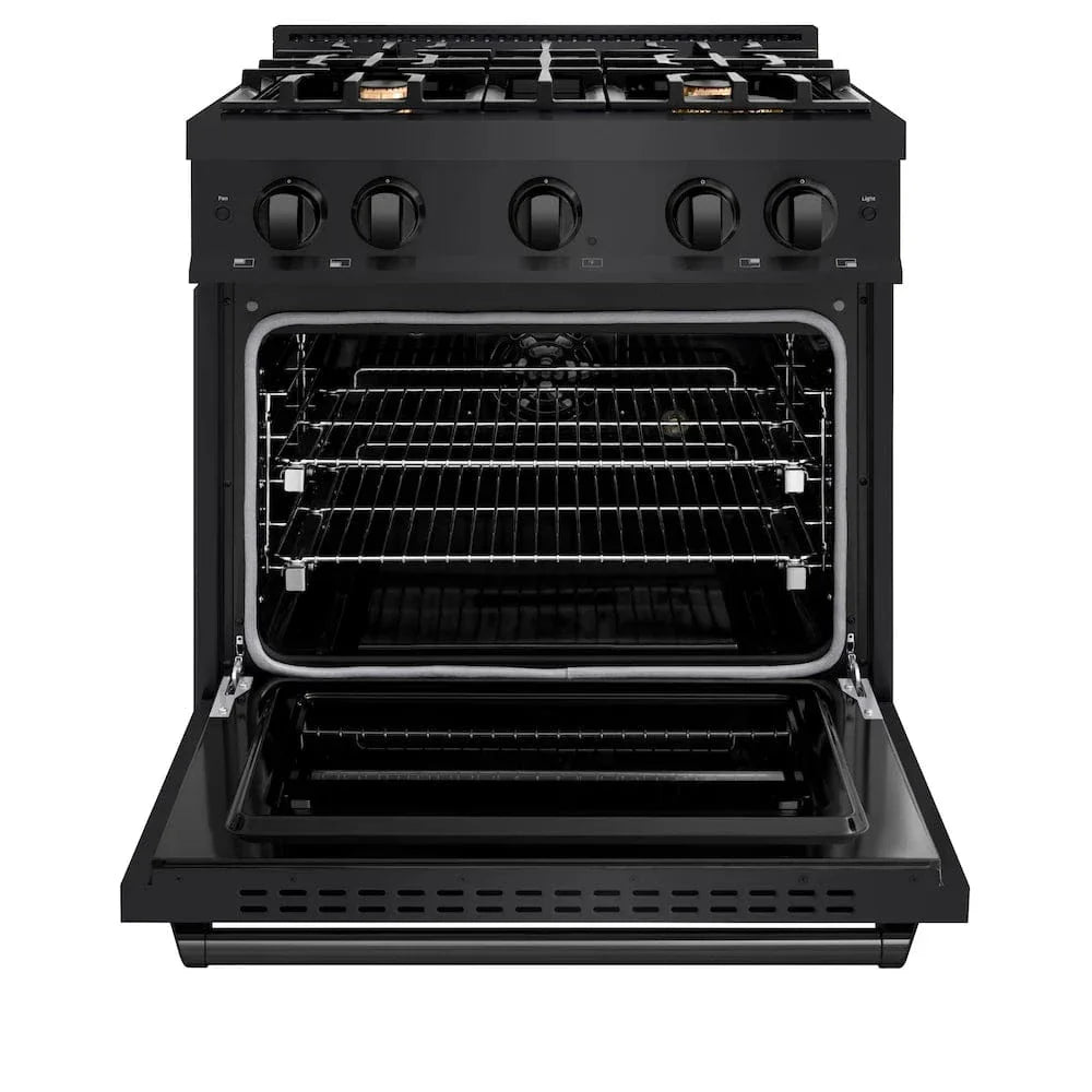 ZLINE 30" Dual Fuel Range, Gas Cooktop, Electric Convection Oven Black Stainless Steel Brass Burners, CDRB-BR-30