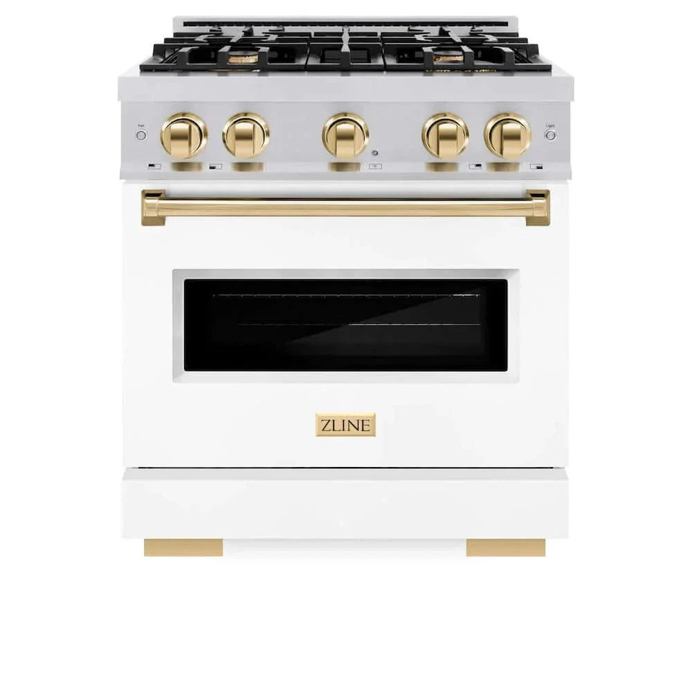ZLINE 30" Dual Fuel Range, Gas Cooktop, Electric Convection Oven Stainless Steel, White Matte Polished Gold CDRZ-WM-30-G