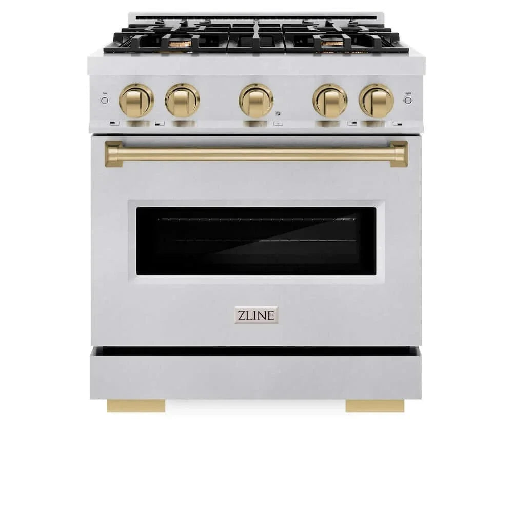 ZLINE 30" Dual Fuel Range, Gas Cooktop, Electric Convection Oven DuraSnow® Stainless Steel, Champagne Bronze CDRSZ-30-CB