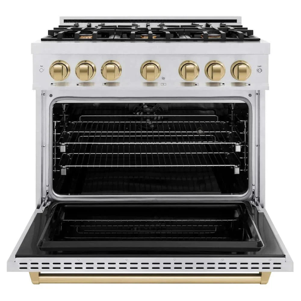 ZLINE 36" Dual Fuel Range, Gas Cooktop, Electric Convection Oven DuraSnow® Stainless Steel, Champagne Bronze CDRSZ-36-CB