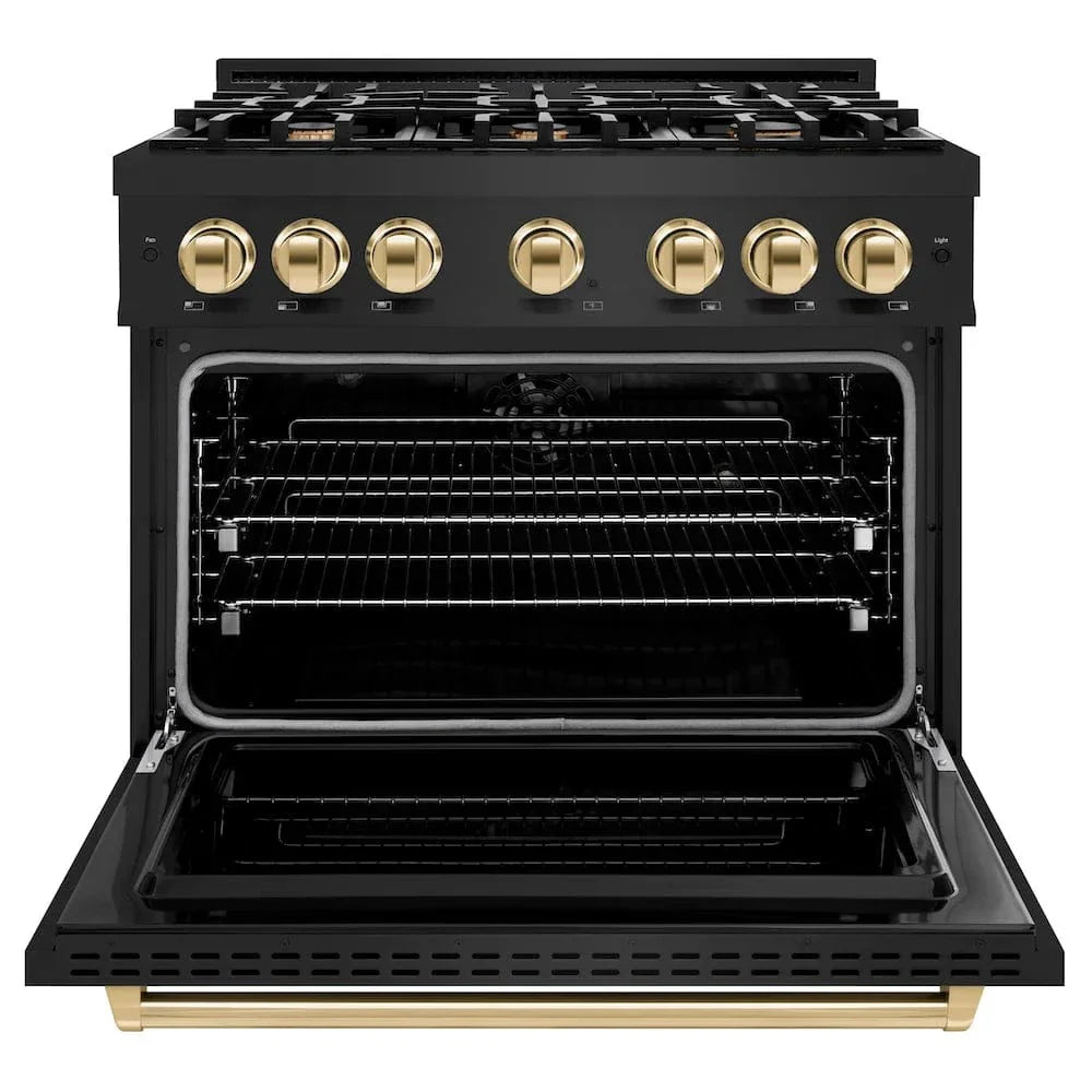 ZLINE 36" Dual Fuel Range, Gas Cooktop, Electric Convection Oven Black Stainless Steel, Gold CDRBZ-36-G