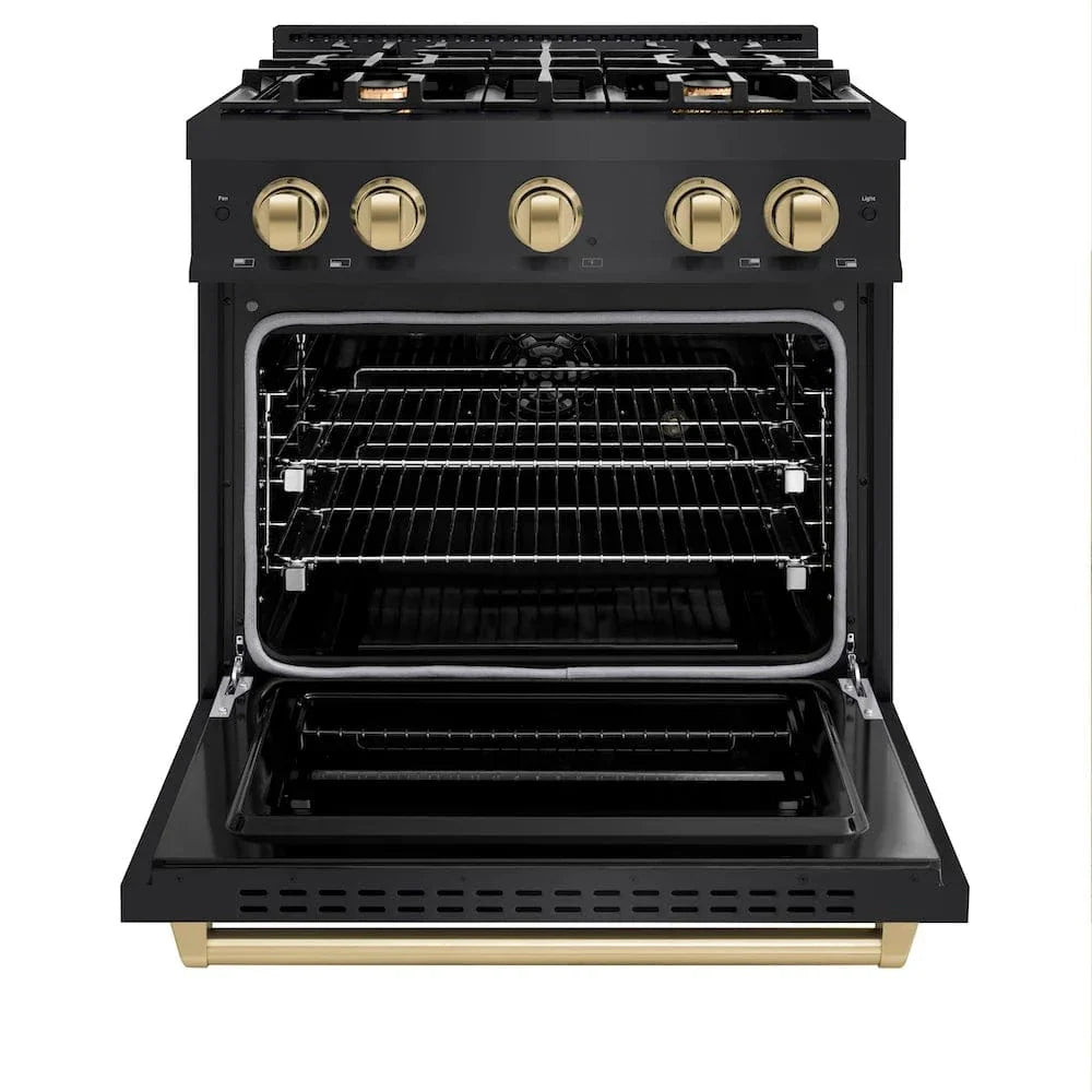 ZLINE 30" Dual Fuel Range, Gas Cooktop, Electric Convection Oven Black Stainless Steel, Champagne Bronze CDRBZ-30-CB