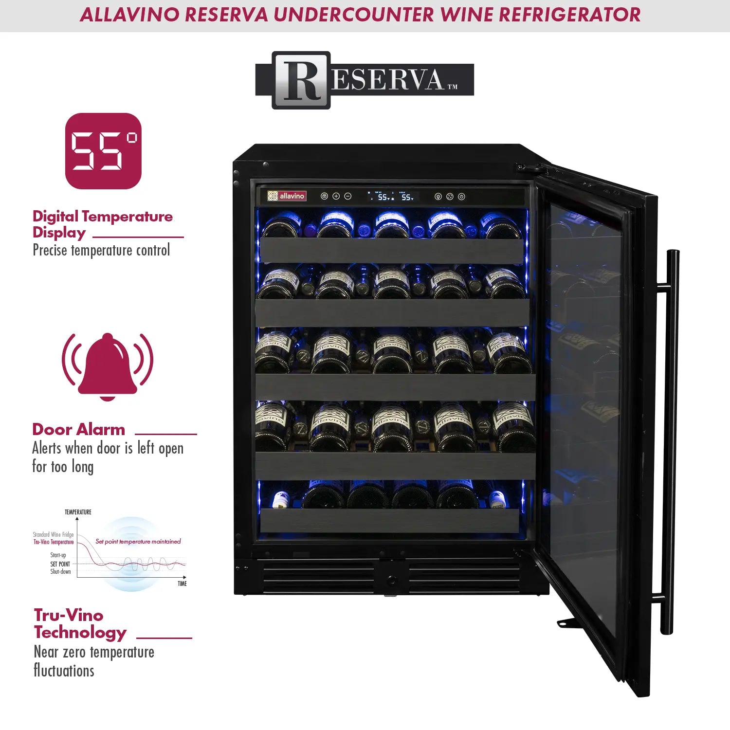 Allavino Reserva Series 50 Bottle Built-in Undercounter Luxury Wine Refrigerator with Black Stainless Steel Door
