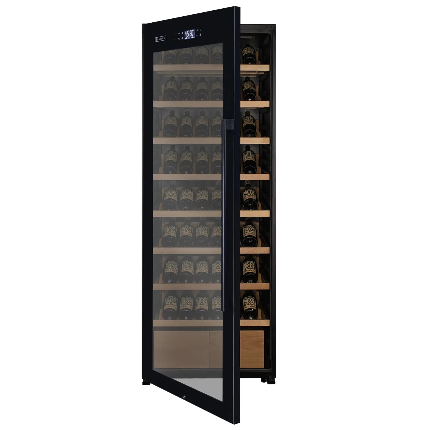 Allavino 248 Bottle Single Zone Freestanding Wine Refrigerator with Display Shelving and Black Glass Door