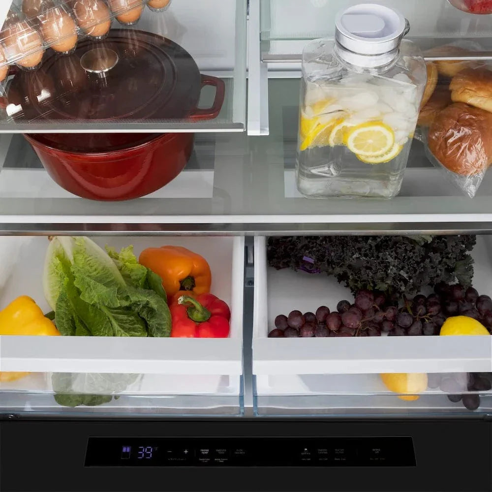 ZLINE Autograph Edition 36" 4-Door French Door Refrigerator, Ice Maker, Black Stainless Steel, Polished Gold Square Handles RFMZ-36-BS-FG