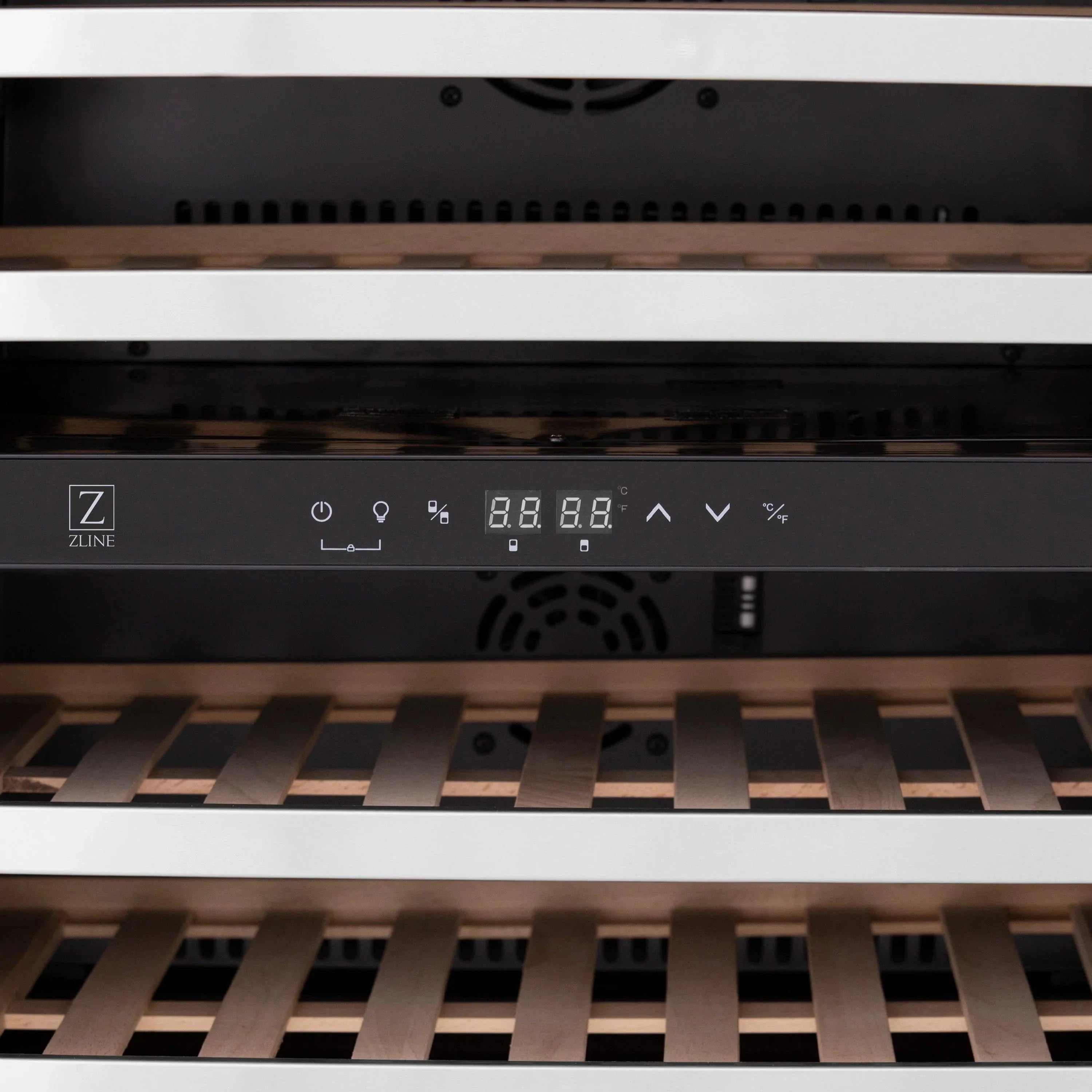 ZLINE 24" Autograph Edition Dual Zone 44-Bottle Wine Cooler in Stainless Steel with Wood Shelf and Champagne Bronze Accents RWV-UD-24-CB