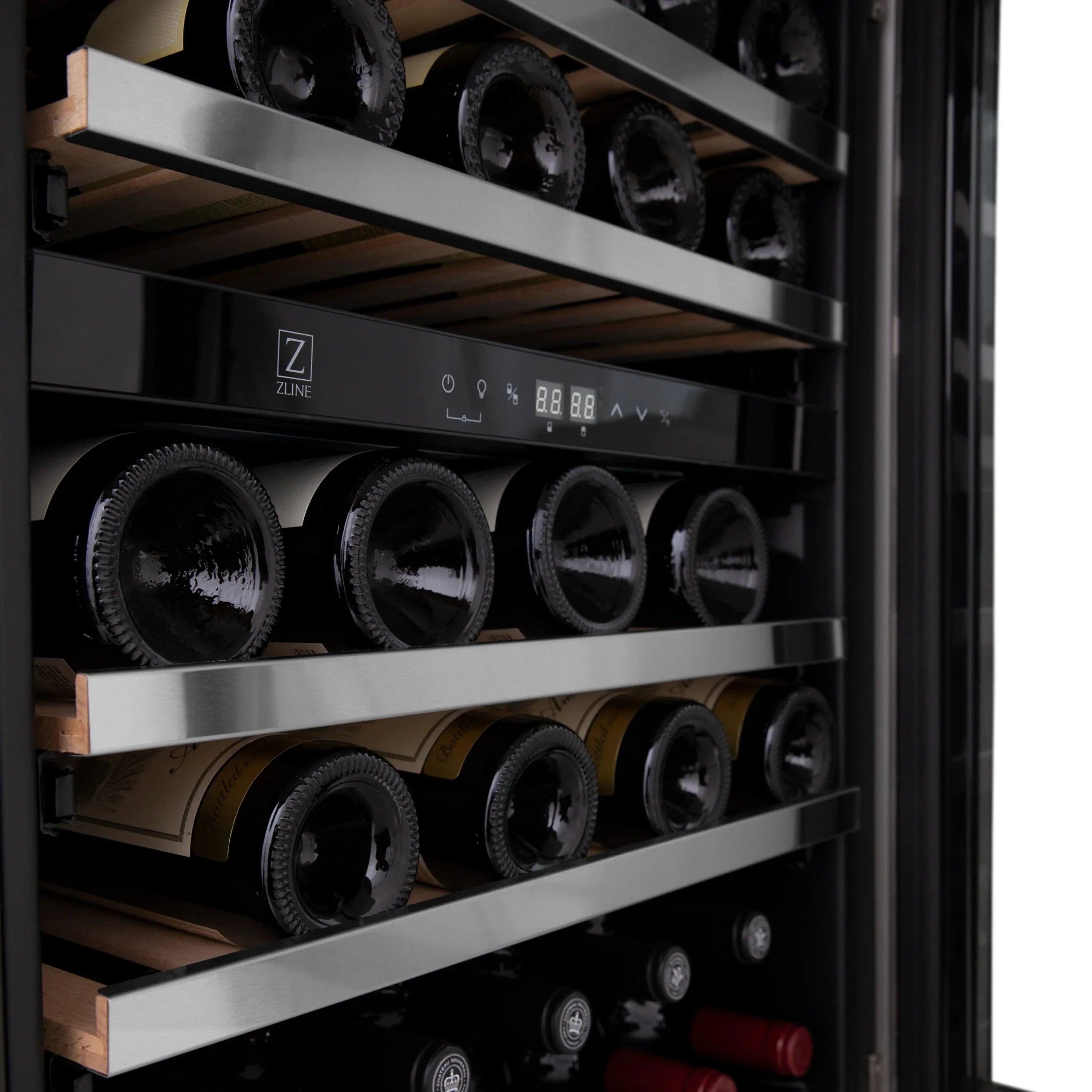 ZLINE 24" Autograph Edition Dual Zone 44-Bottle Wine Cooler in Stainless Steel with Wood Shelf and Champagne Bronze Accents RWV-UD-24-CB
