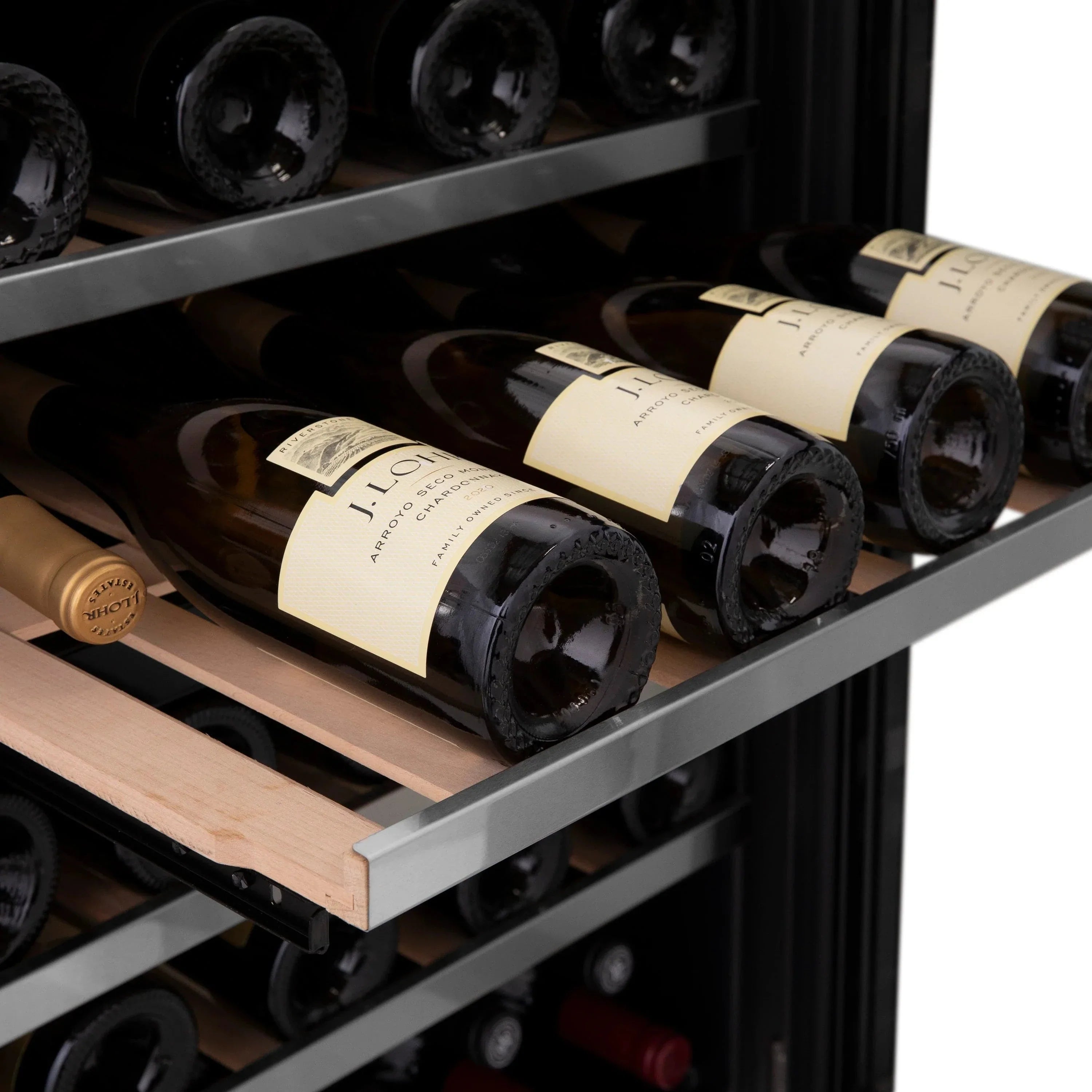 ZLINE 24" Autograph Edition Dual Zone 44-Bottle Wine Cooler in Stainless Steel with Wood Shelf and Champagne Bronze Accents RWV-UD-24-CB
