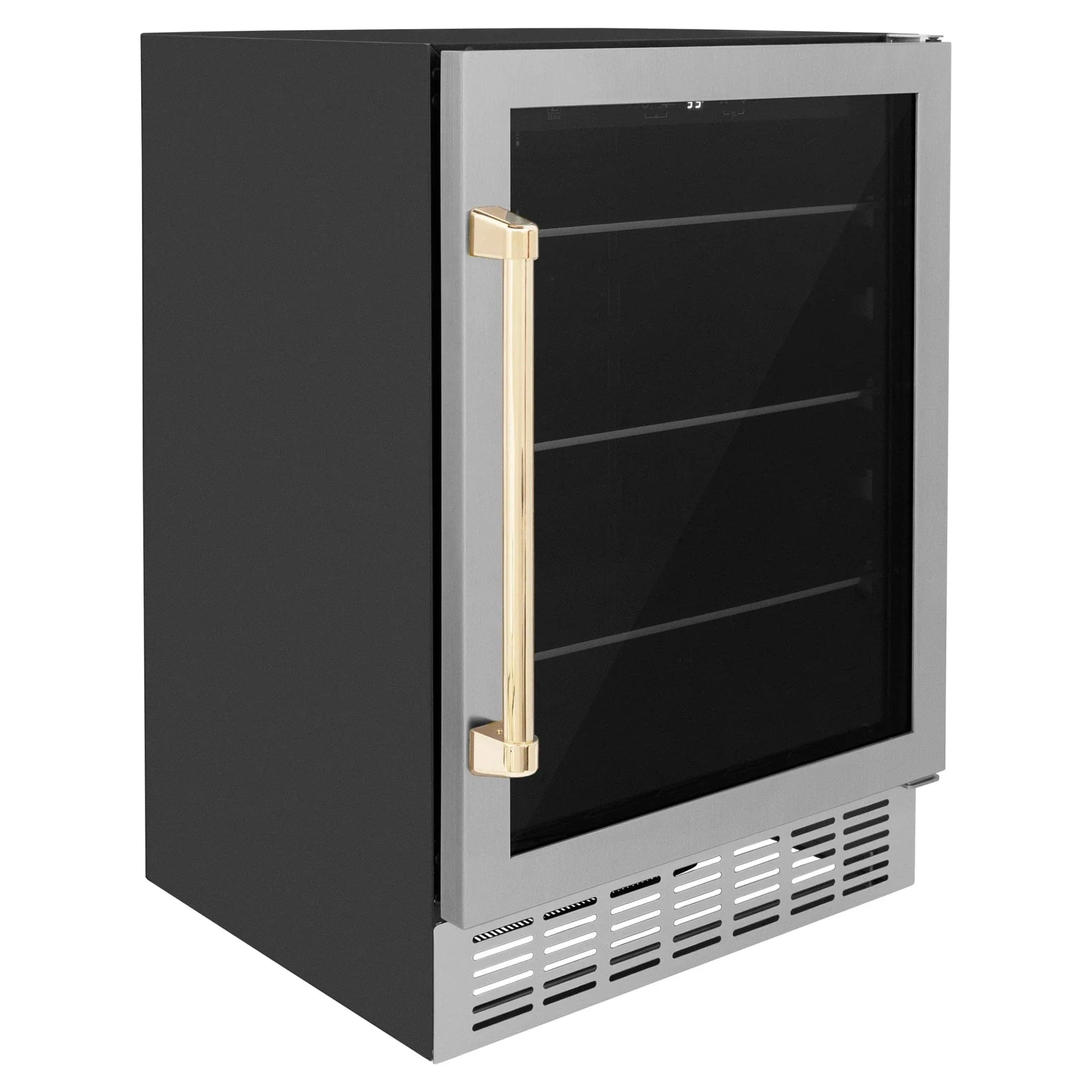 ZLINE 24" Autograph Edition 154 Can Beverage Cooler Fridge with Adjustable Shelves in Stainless Steel with Gold Accents RBVZ-US-24-G