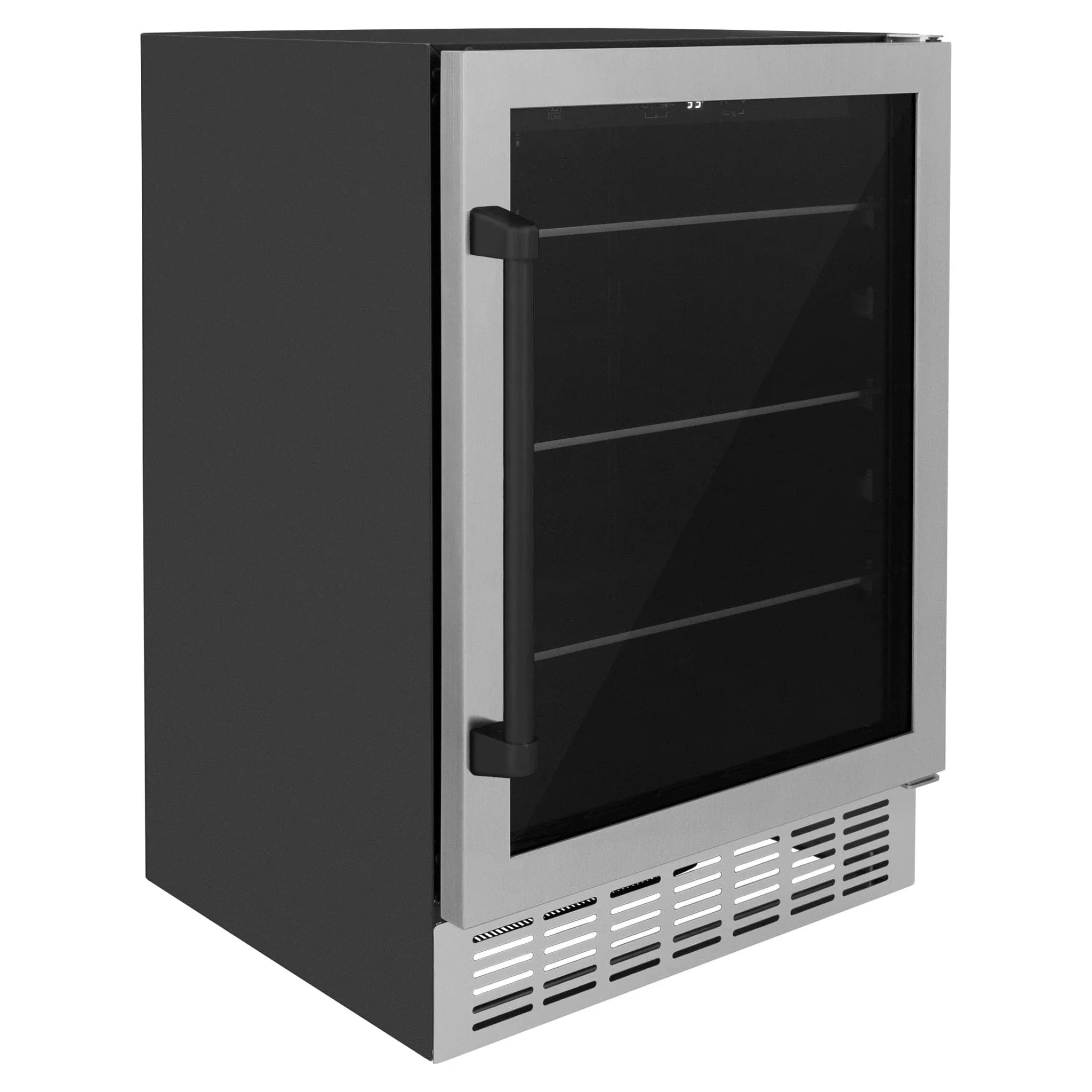 ZLINE 24" Autograph Edition 154 Can Beverage Cooler Fridge with Adjustable Shelves in Stainless Steel with Matte Black Accents RBVZ-US-24-MB