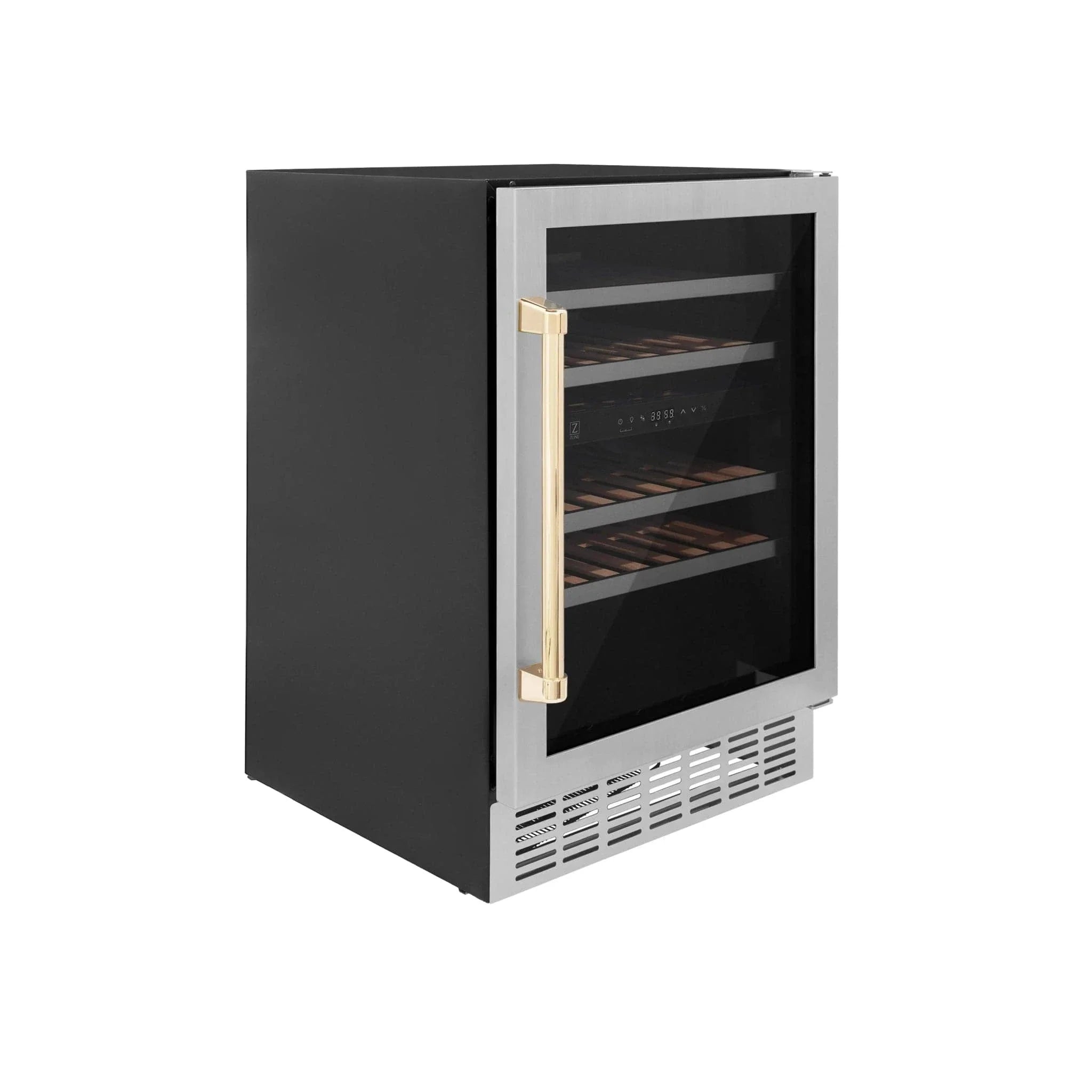 ZLINE 24" Autograph Edition Dual Zone 44-Bottle Wine Cooler in Stainless Steel with Wood Shelf and Gold Accents RWVZ-UD-24-G