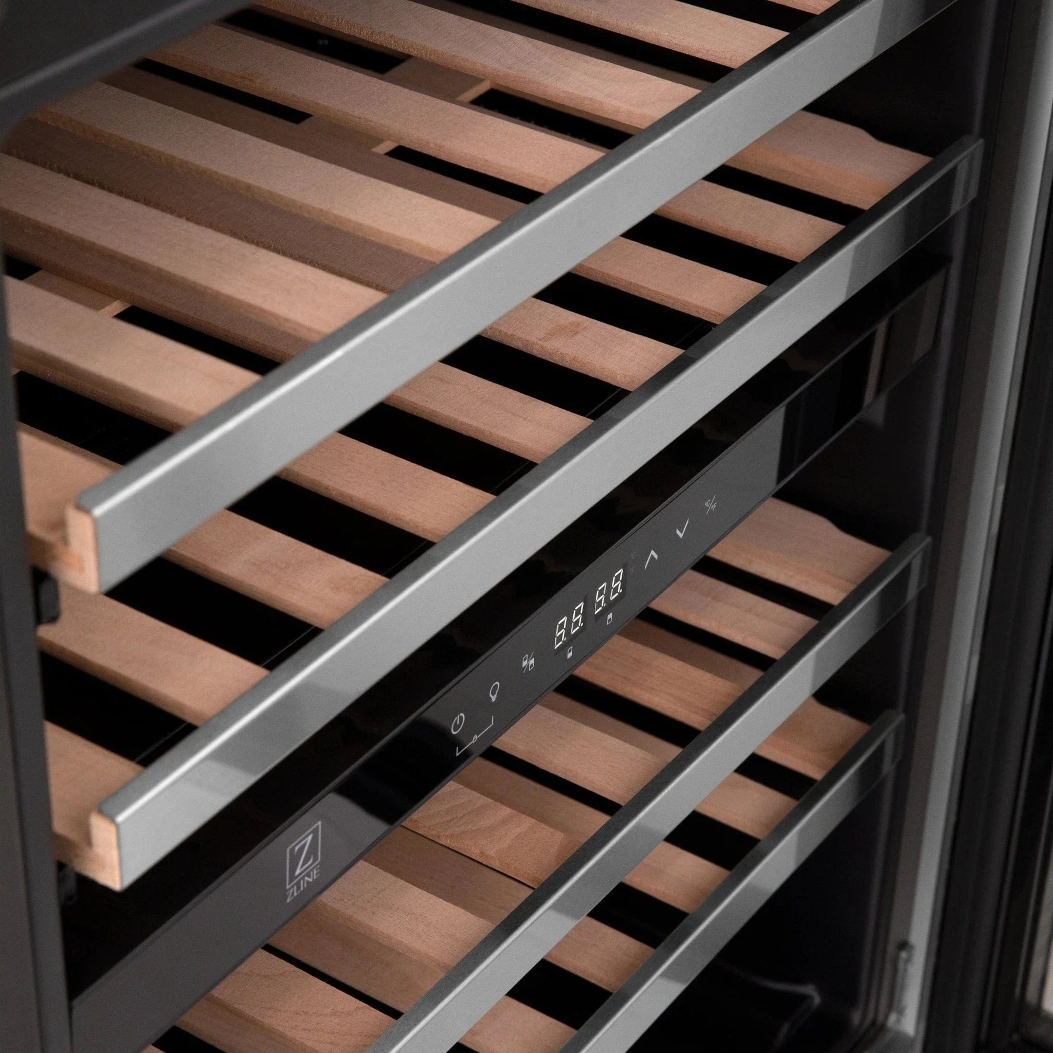 ZLINE 24" Autograph Edition Dual Zone 44-Bottle Wine Cooler in Stainless Steel with Wood Shelf and Gold Accents RWVZ-UD-24-G