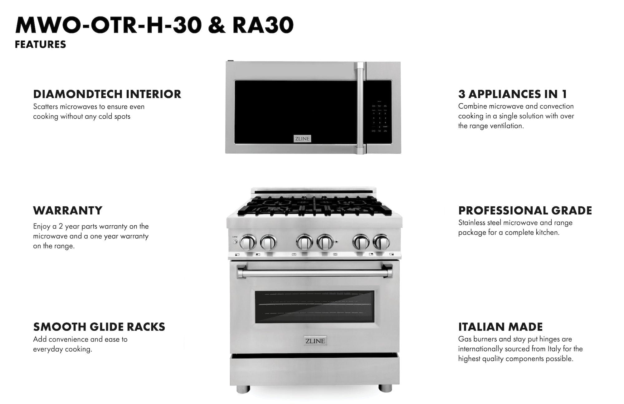 ZLINE 30" Range RA30 & Microwave MWO-OTR-H-30 Bundle, 2KP-RAOTRH30