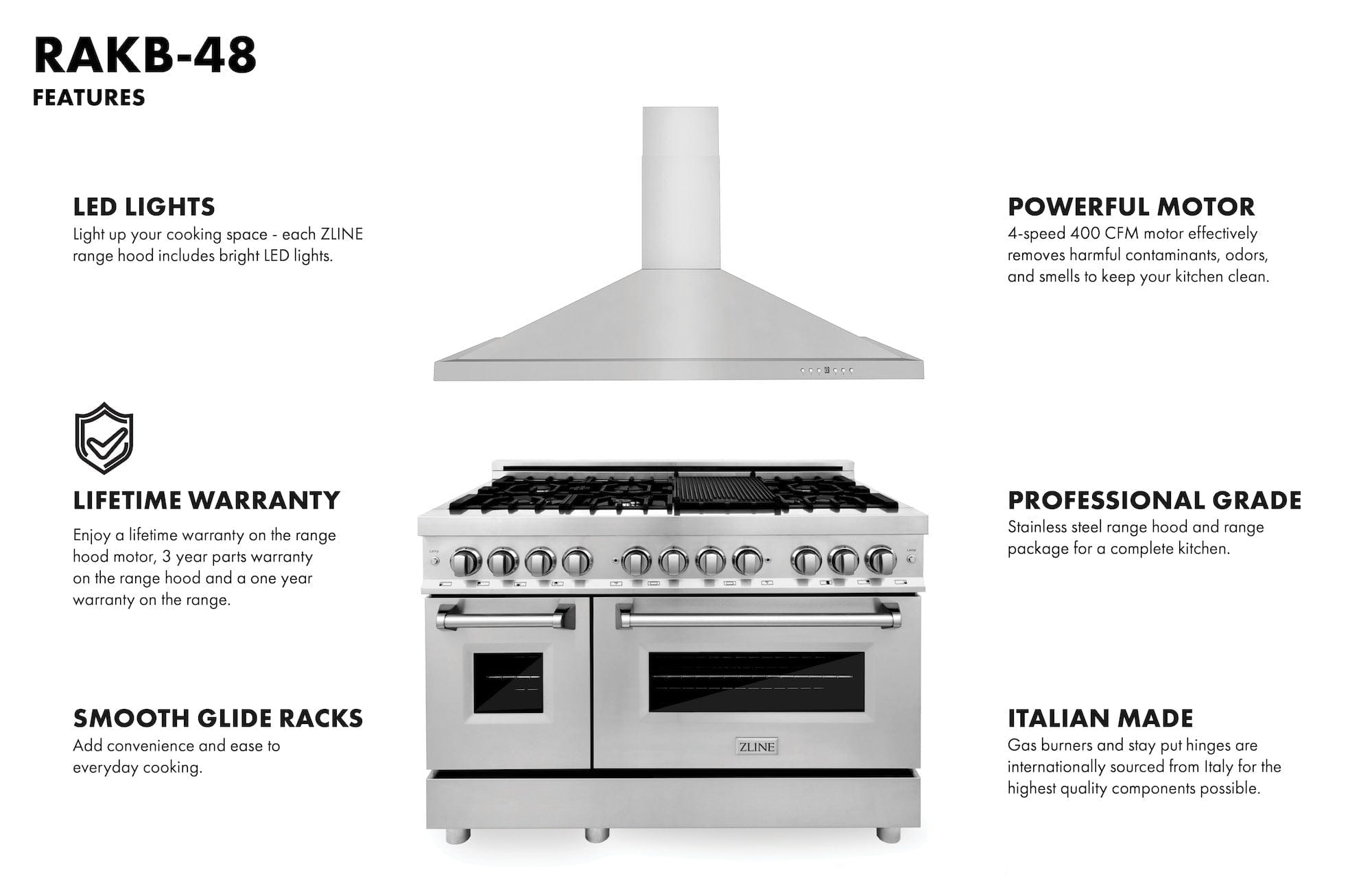 ZLINE 48" Bundle, Range RA48 & Wall Range Hood KB-48, 2KP-RAWMRH48