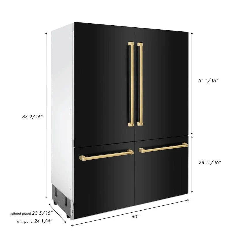 ZLINE 60" Autograph 32.2 cu. ft. 4-Door French Door Fridge Water/Ice Dispenser Black Stainless Steel Gold Accents RBIVZ-BS-60-G