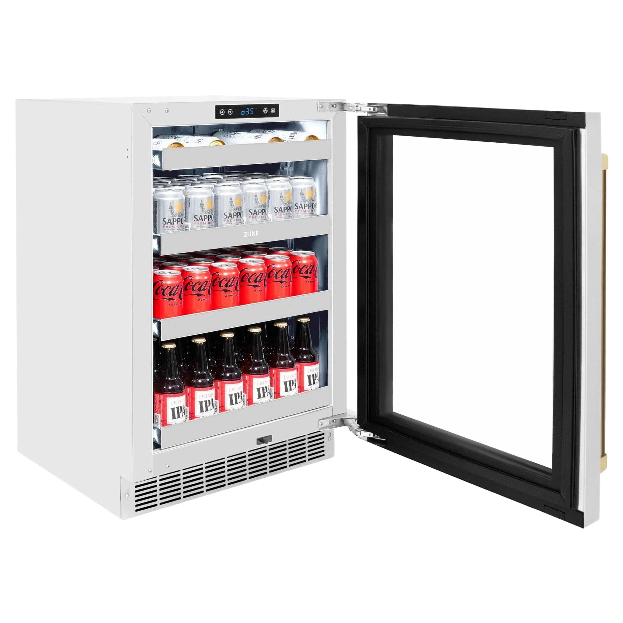 ZLINE Autograph Edition 24 in. Touchstone 151 Can Beverage Fridge With Stainless Steel Glass Door And Champagne Bronze Handle RBSOZ-GS-24-CB