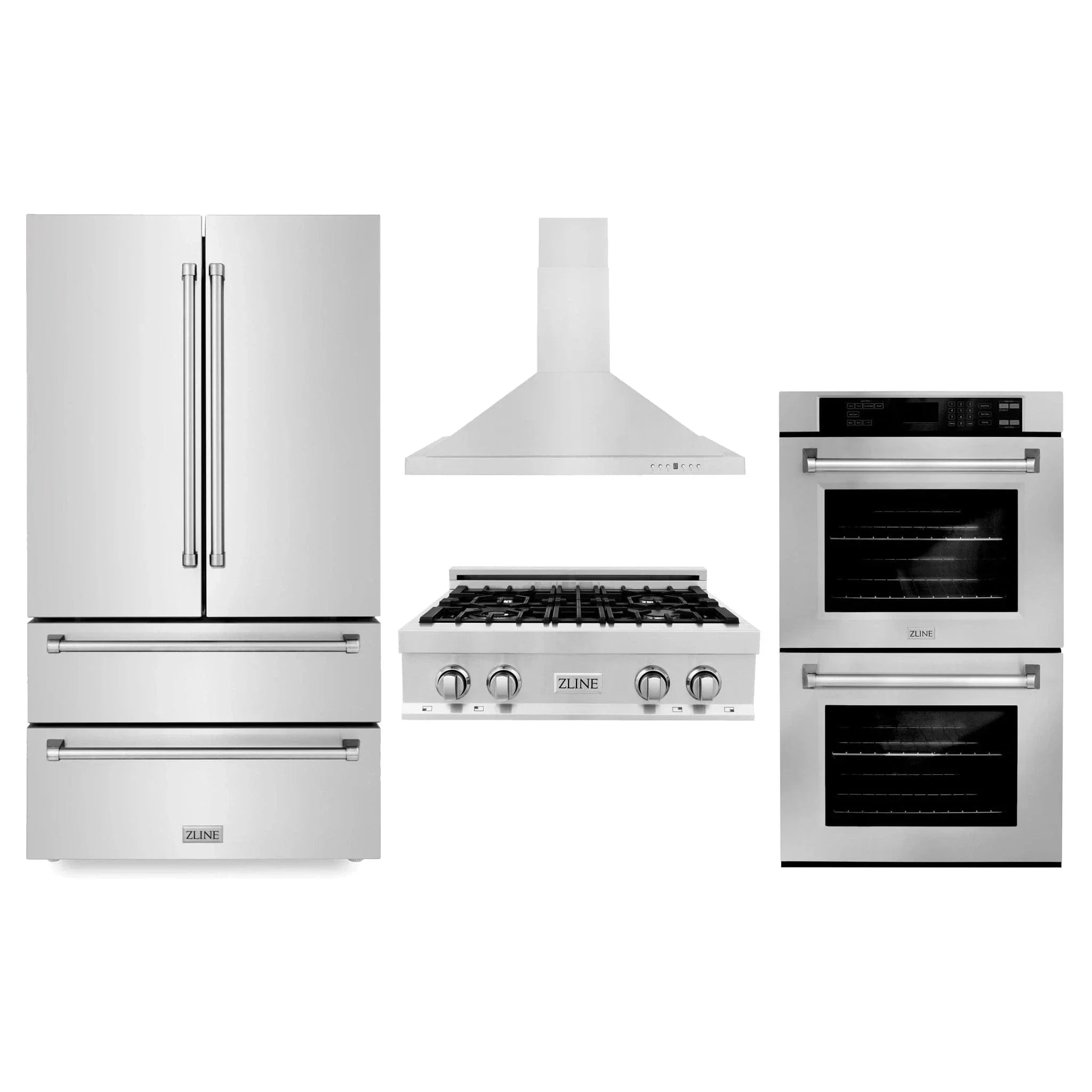 ZLINE Kitchen Package Refrigerator, Rangetop, Rangehood, Wall Oven, 4KPR-RTRH30-AWD