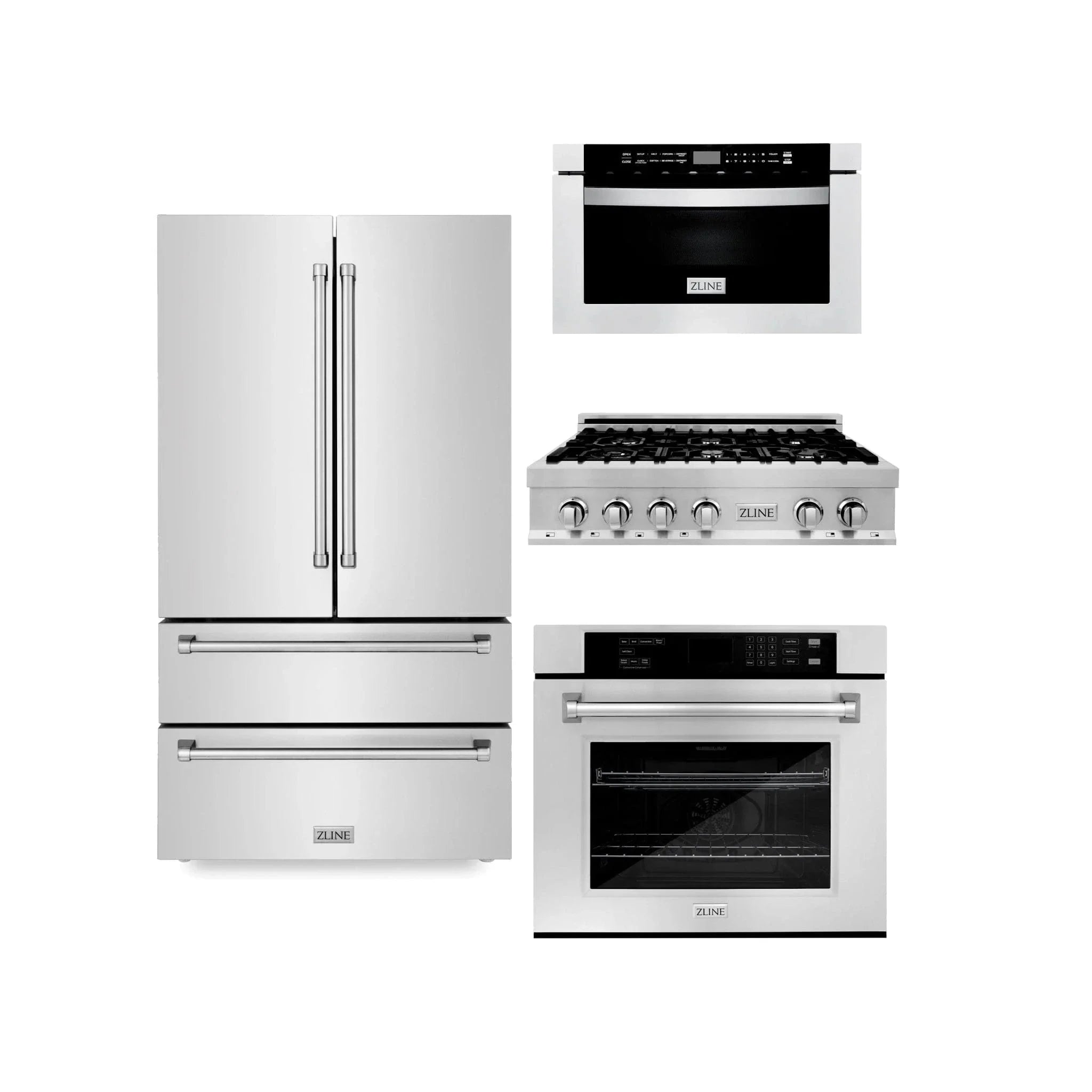 ZLINE Kitchen Package Refrigerator, Rangetop, Wall Oven, Microwave 4KPR-RT36-MWAWS
