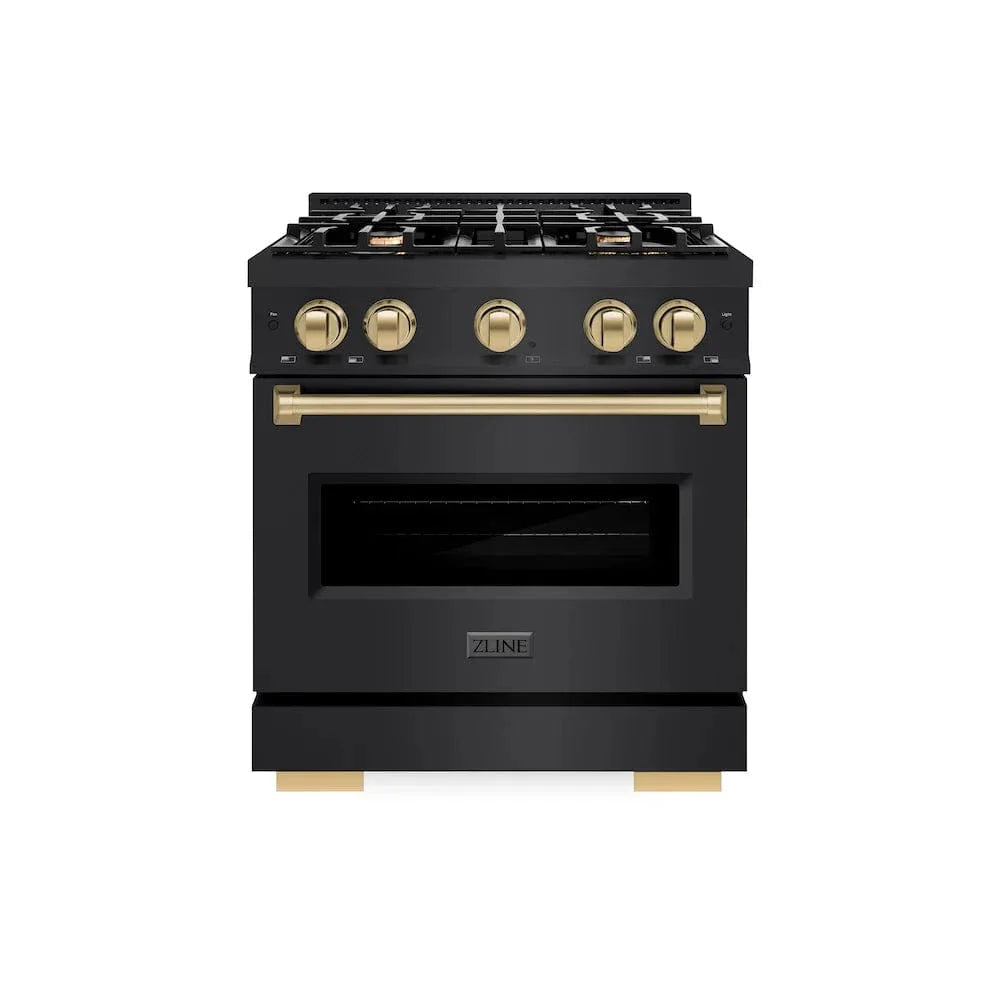ZLINE 30" Dual Fuel Range, Gas Cooktop, Electric Convection Oven Black Stainless Steel, Champagne Bronze CDRBZ-30-CB