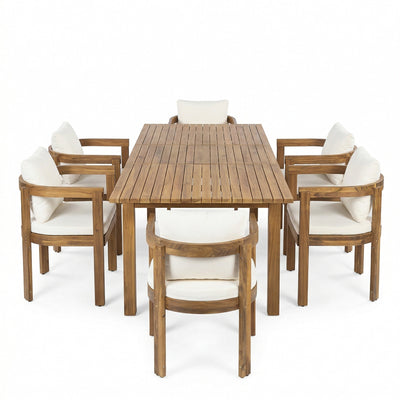 7 Pieces Acacia Wood Outdoor Dining Set with Cream Cushions