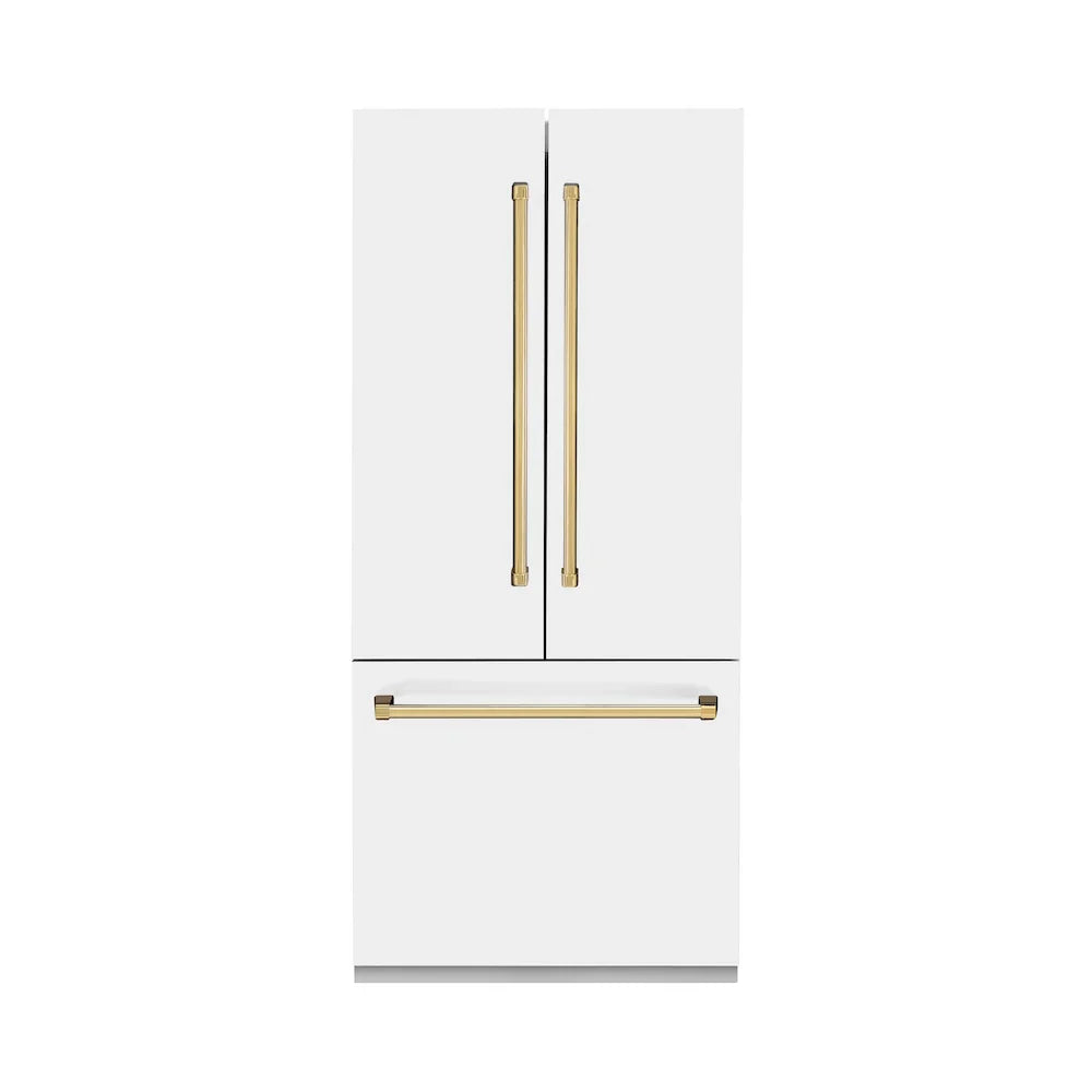 ZLINE Autograph Edition French Door Refrigerator, Internal Water, Ice Dispenser, White Matte, Champagne Bronze Accents RBIVZ-WM