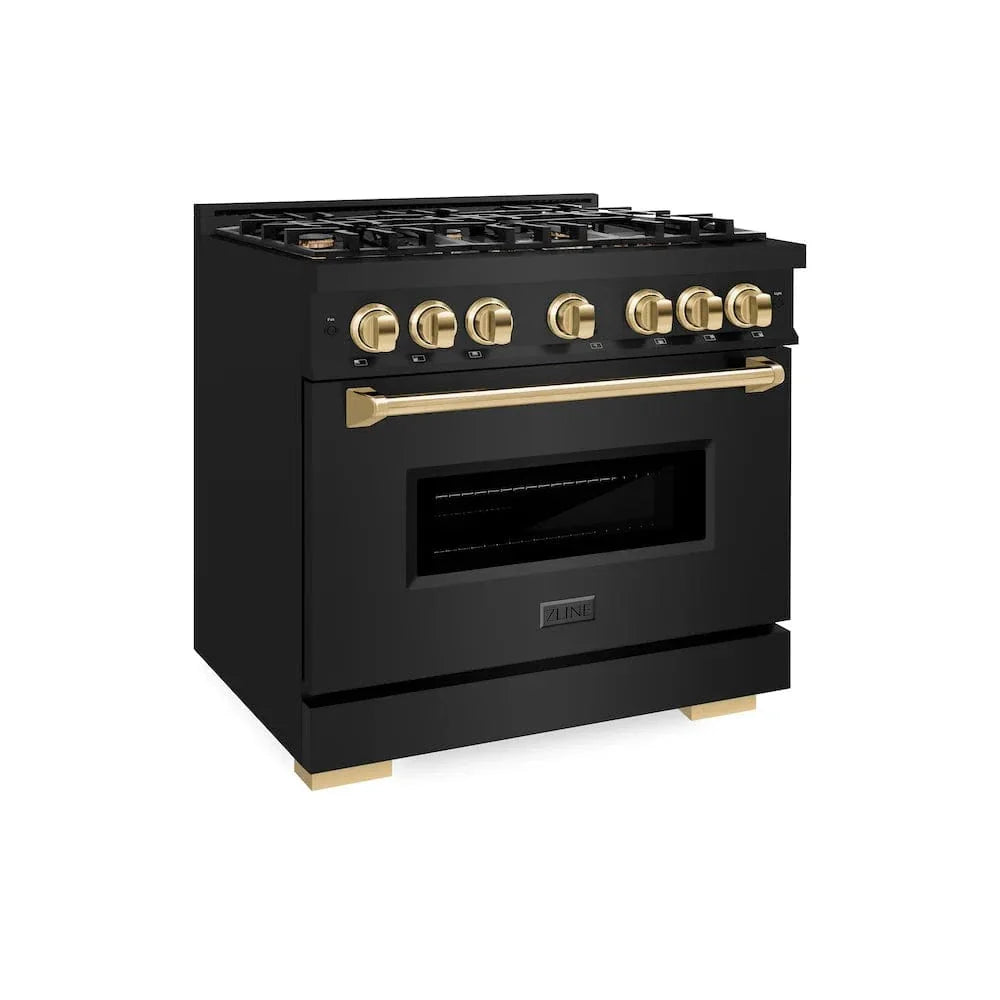 ZLINE 36" Dual Fuel Range, Gas Cooktop, Electric Convection Oven Black Stainless Steel, Gold CDRBZ-36-G