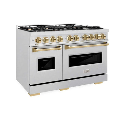 ZLINE 48" Dual Fuel Range, Gas Cooktop, Electric Convection Oven DuraSnow® Stainless Steel, Gold CDRSZ-48-G