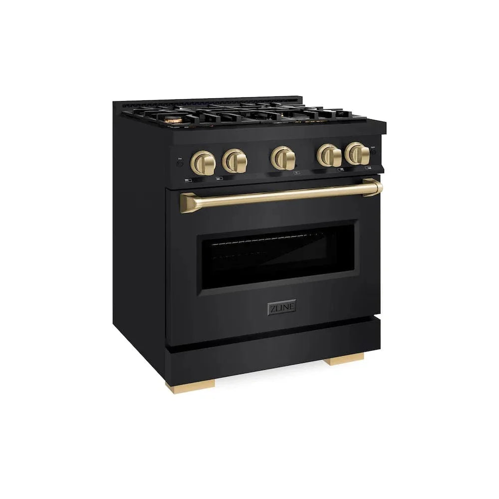 ZLINE 30" Dual Fuel Range, Gas Cooktop, Electric Convection Oven Black Stainless Steel, Champagne Bronze CDRBZ-30-CB