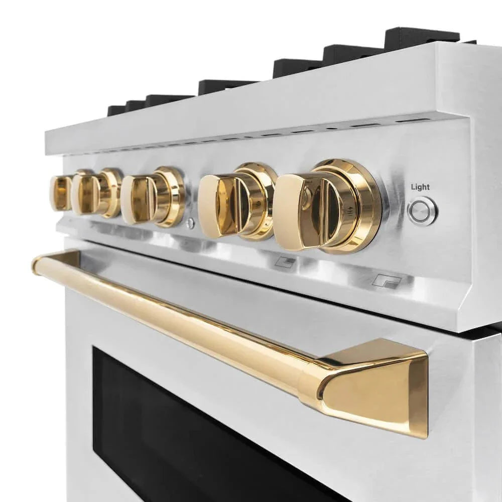 ZLINE 30" Dual Fuel Range, Gas Cooktop, Electric Convection Oven DuraSnow® Stainless Steel, Gold CDRSZ-30-G