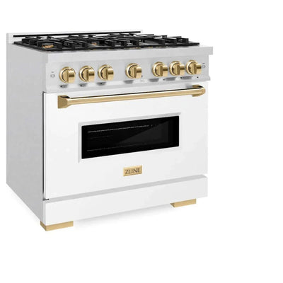 ZLINE 36" Dual Fuel Range, Gas Cooktop, Electric Convection Oven DuraSnow® Stainless Steel, White Matte Door Polished Gold CDRSZ-WM-36-G