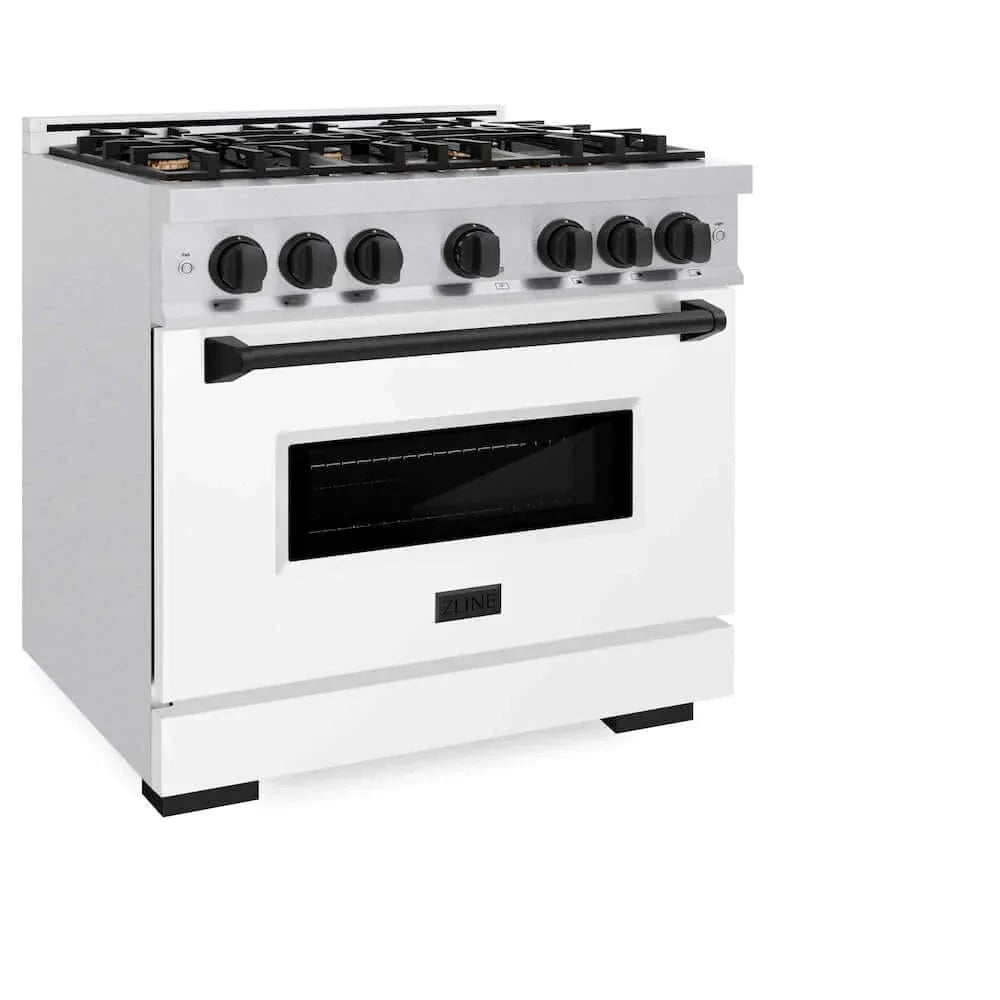ZLINE 36" Dual Fuel Range, Gas Cooktop, Electric Convection Oven DuraSnow® Stainless Steel, White Matte Door Matte Black CDRSZ-WM-36-MB