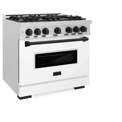 ZLINE 36" Dual Fuel Range, Gas Cooktop, Electric Convection Oven DuraSnow® Stainless Steel, White Matte Door Matte Black CDRSZ-WM-36-MB
