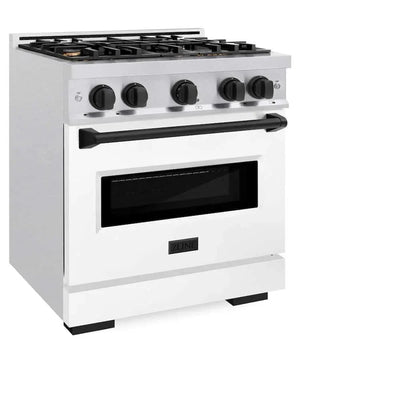 ZLINE 30" Dual Fuel Range, Gas Cooktop, Electric Convection Oven DuraSnow® Stainless Steel, White Matte Door, Matte Black CDRSZ-WM-30-MB