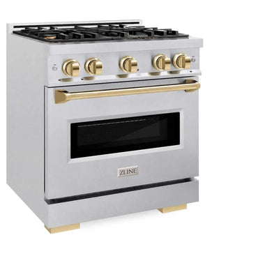 ZLINE 30" Dual Fuel Range, Gas Cooktop, Electric Convection Oven DuraSnow® Stainless Steel, Gold CDRSZ-30-G