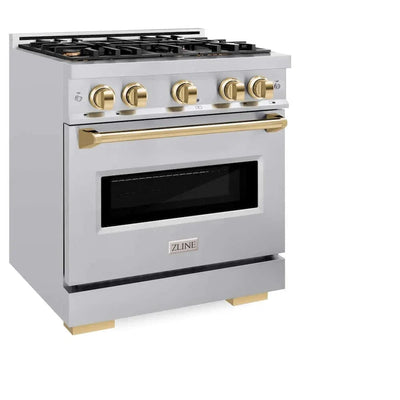 ZLINE 30" Dual Fuel Range, Gas Cooktop, Electric Convection Oven Stainless Steel, Gold CDRZ-30-G