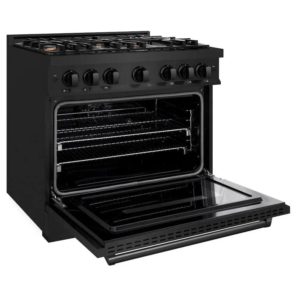 ZLINE 36" Dual Fuel Range, Gas Cooktop, Electric Convection Oven Black Stainless Steel Brass Burners, CDRB-BR-36