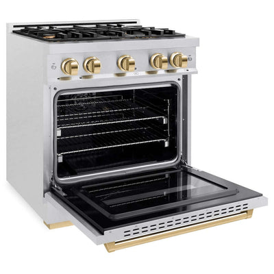 ZLINE 30" Dual Fuel Range, Gas Cooktop, Electric Convection Oven DuraSnow® Stainless Steel, Gold CDRSZ-30-G