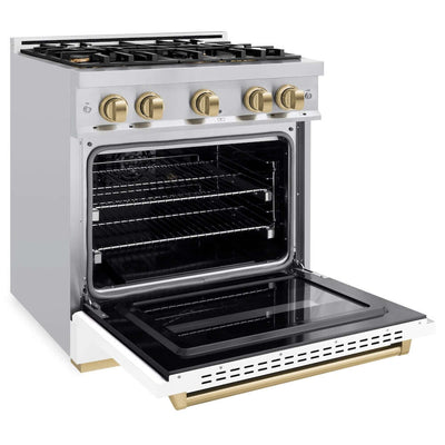 ZLINE 30" Dual Fuel Range, Gas Cooktop, Electric Convection Oven Stainless Steel, White Matte Polished Gold CDRZ-WM-30-G