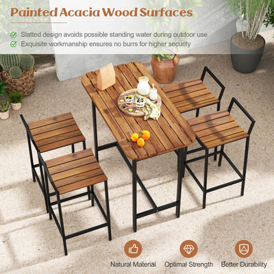 5 Piece Acacia Wood Bar Table Set Bar Height Table and Chairs with Metal Frame and Footrest