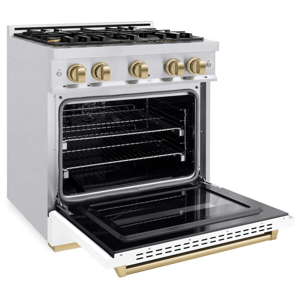 ZLINE 36" Dual Fuel Range, Gas Cooktop, Electric Convection Oven DuraSnow® Stainless Steel, White Matte Door Champagne Bronze CDRSZ-WM-36-CB