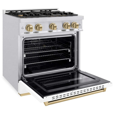 ZLINE 36" Dual Fuel Range, Gas Cooktop, Electric Convection Oven DuraSnow® Stainless Steel, White Matte Door Champagne Bronze CDRSZ-WM-36-CB