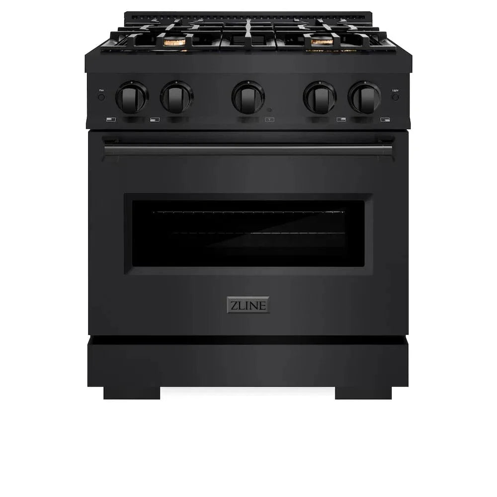 ZLINE 30" Dual Fuel Range, Gas Cooktop, Electric Convection Oven Black Stainless Steel Brass Burners, CDRB-BR-30