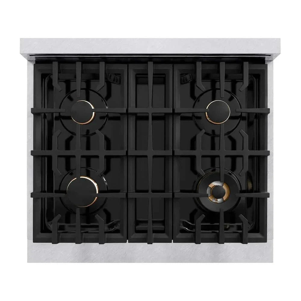 ZLINE 36" Dual Fuel Range, Gas Cooktop, Electric Convection Oven DuraSnow® Stainless Steel, White Matte Door Polished Gold CDRSZ-WM-36-G